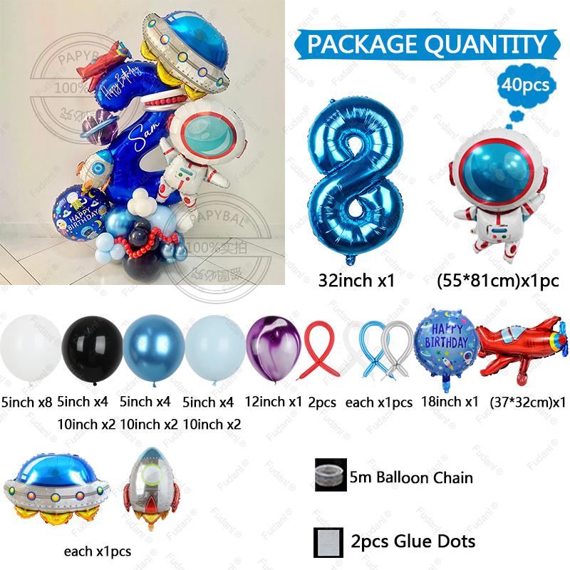 Astronaut Rocket Balloon Blue Space Theme 32inch Number Balloon Set Birthday Party Decoration Children's Baptismal Balloon Gifts