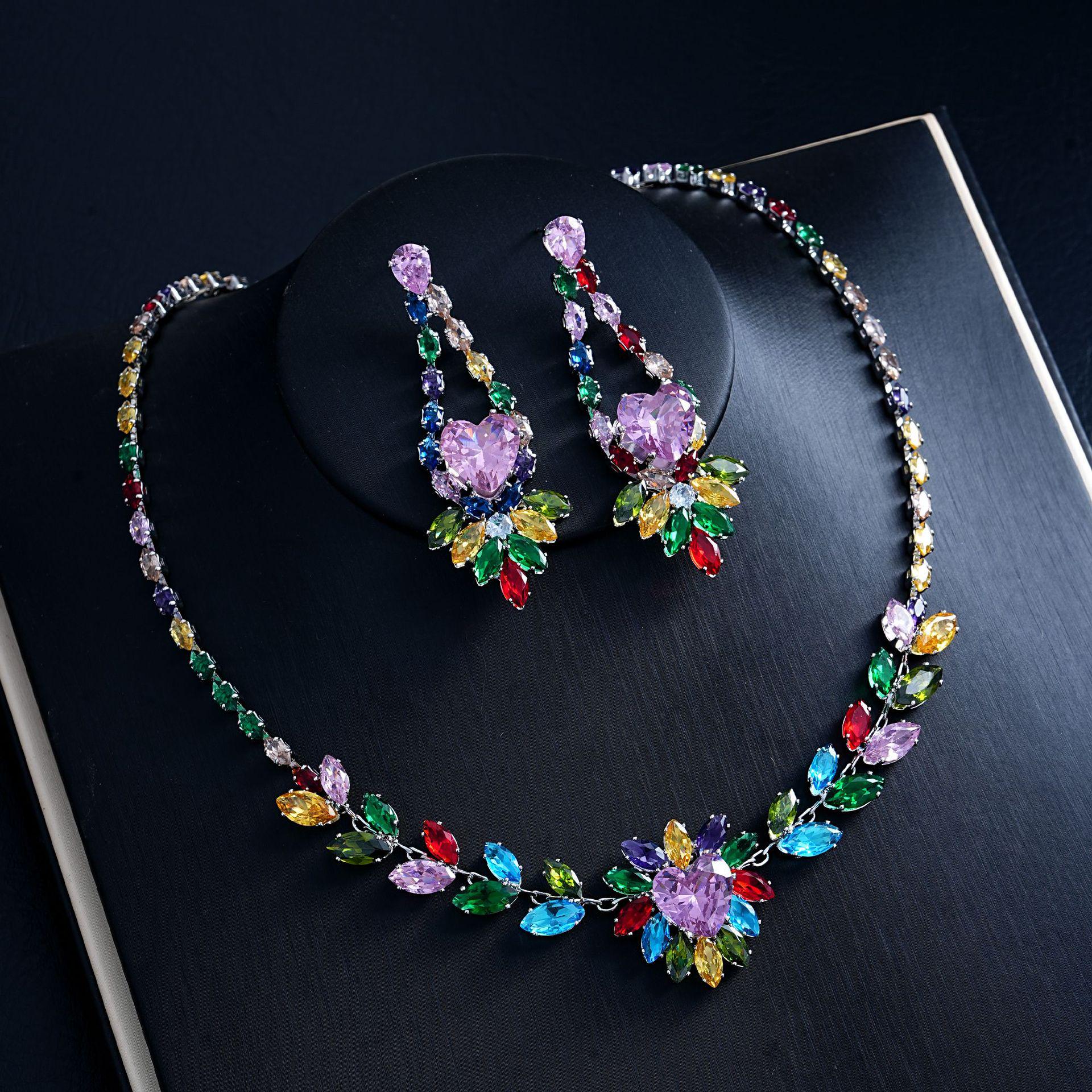 Zircon Heart Wheat Ear Earrings & French Retro Elegant Collarbone Chain Jewelry Set for Women