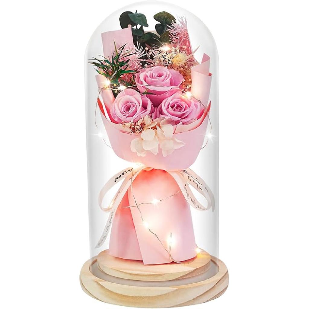 HVY Preserved Flowers Gifts for Her,Preserved Rose Bouquet In Glass Dome,Forever Flowers Fresh Bouquet Present for Women Mothers Day Birthday Gifts