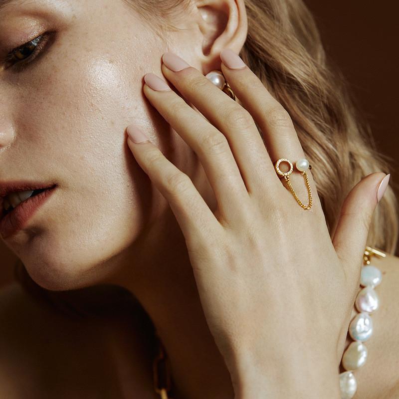 Elegant Adjustable Open Pearl Hollow Geometric Ring For Women In Korean Style