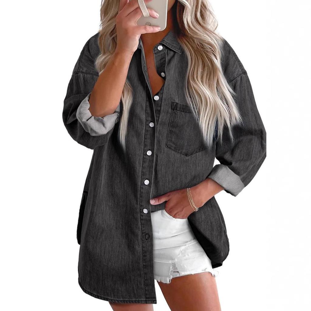 Women's Long Sleeve V-Neck Denim Shirt Button up Top Fashionable Casual Style for Ladies Summer Collection No Brand