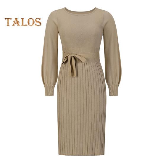 Autumn Lady Dress Knitted Round Neck Long Sleeves Slim Fit Pleated Lace-up Tight Waist Mid-calf Length Elastic Solid Color Midi Sweater Dress