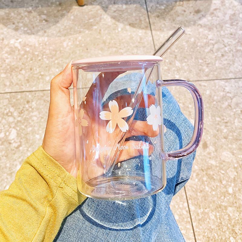 High value Japanese cherry blossom with lid spoon water cup high borosilicate high temperature resistant office women's large capacity glass summer