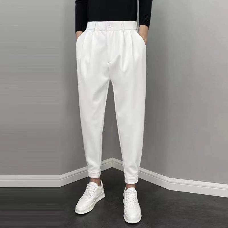 Men's Summer Cuffed Cropped Casual Pants with Drape Fit, Velcro Waistband, and Suit-Style Design