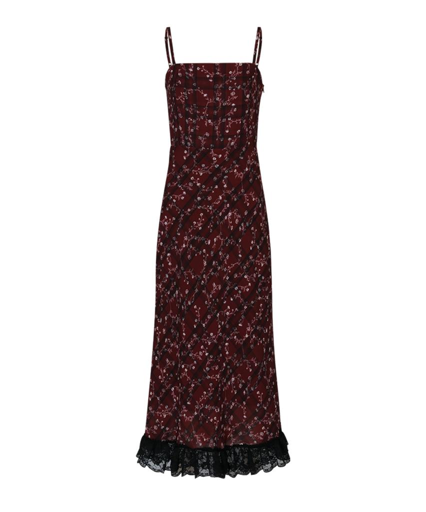Lulu Seoul Check Flower Slim Long Dress (Burgundy)