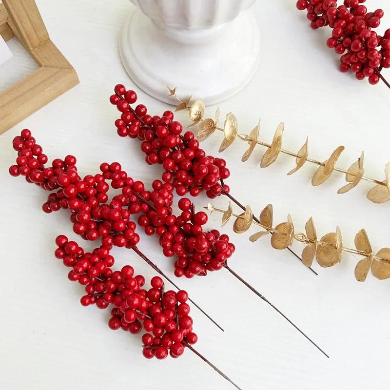 Christmas Red Berry Branches Artificial Holly Berries Stamen Fake Flowers Plants Ornaments for New Year Party Home Decor Gifts