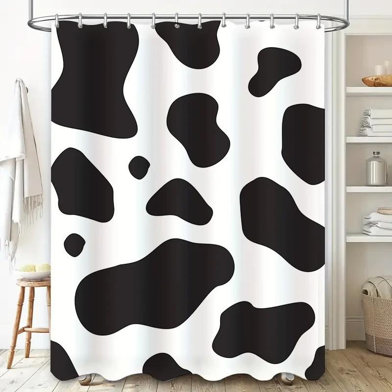 Black White Cow Print Shower Curtain Bathroom Decor, Modern Style Bathtub Liner With Rings For Home Bath (Large Size)