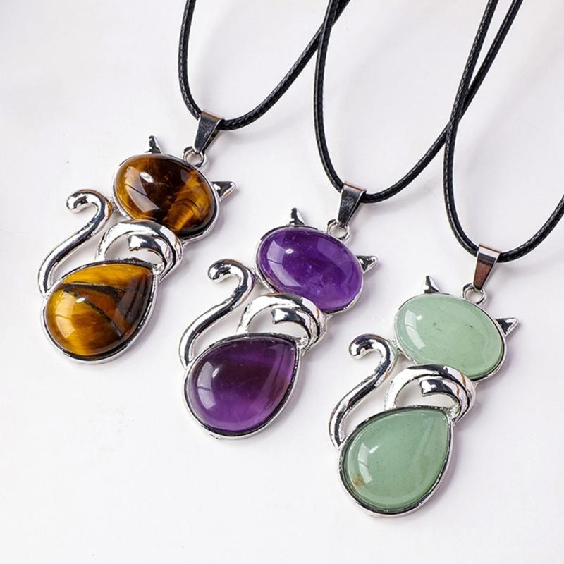 Natural Crystal Cats Pendant Necklace Delicate Crystal Cats Pendant Necklace with Spiritual Symbolism for Fashionistas