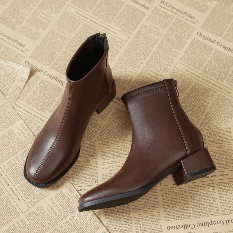 Coarse Heel Fleece Short Boots Women's Spring and Autumn Single Boots French Skinny Boots Martin Pointed Boots Women's Boots