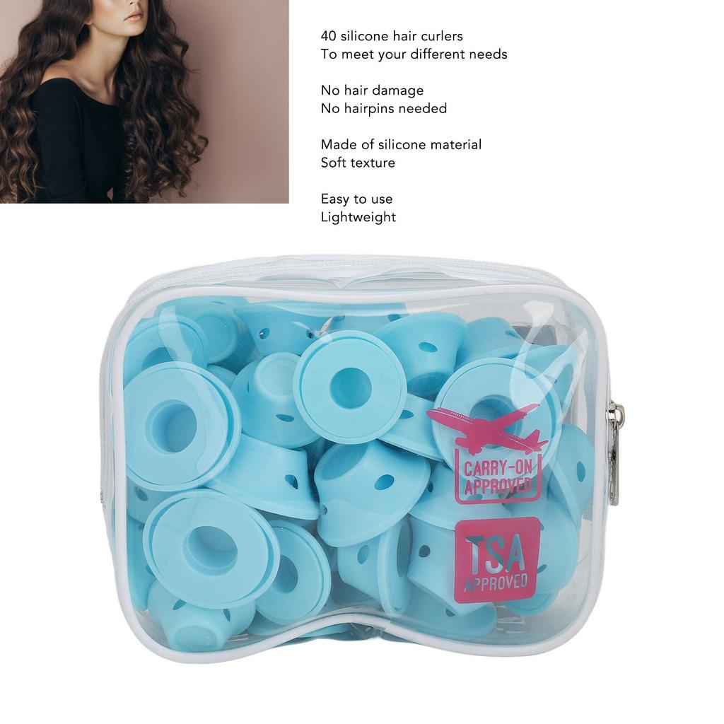 40pcs Silicone Hair Curler Soft Blue Heatless Lightweight Silicone Hair Roller for Home