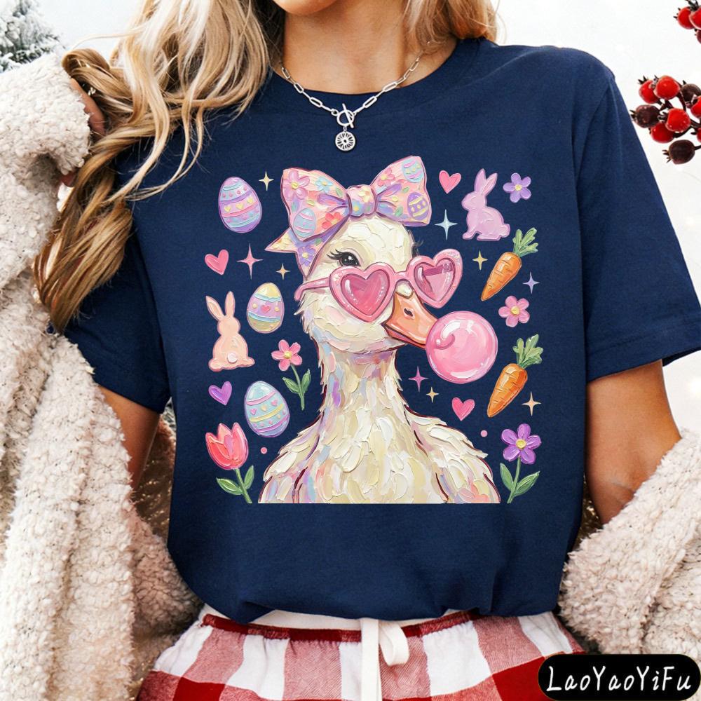 Easter Themed Duck Print T-shirt Cute Cartoon Animal Graphic Tops Women Casual Short Sleeve Crew Neck Holiday Tees