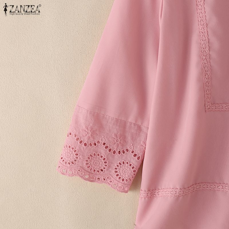 ZANZEA Women Casual Turn Down Collar Loose 3/4 Sleeve Splice Blouse