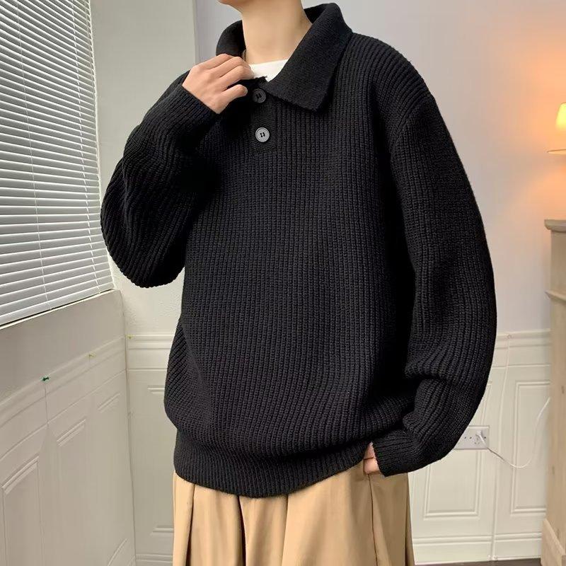 Japanese Lazy Style Polo Neck Sweater Men's American Retro Coffee Color Advanced Sense Oversize Knitted Sweater