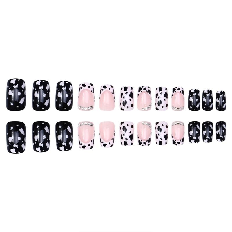 

24 Pieces Elegant French Leopard Pattern Medium Press on Nail Sparkling Rhinestones False Nail For A Stylish Look 1