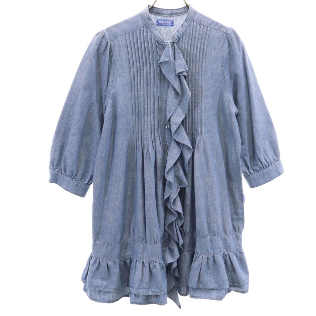 BEAMS BOY Five-quarter Sleeve Frill One Piece Blue Women Used