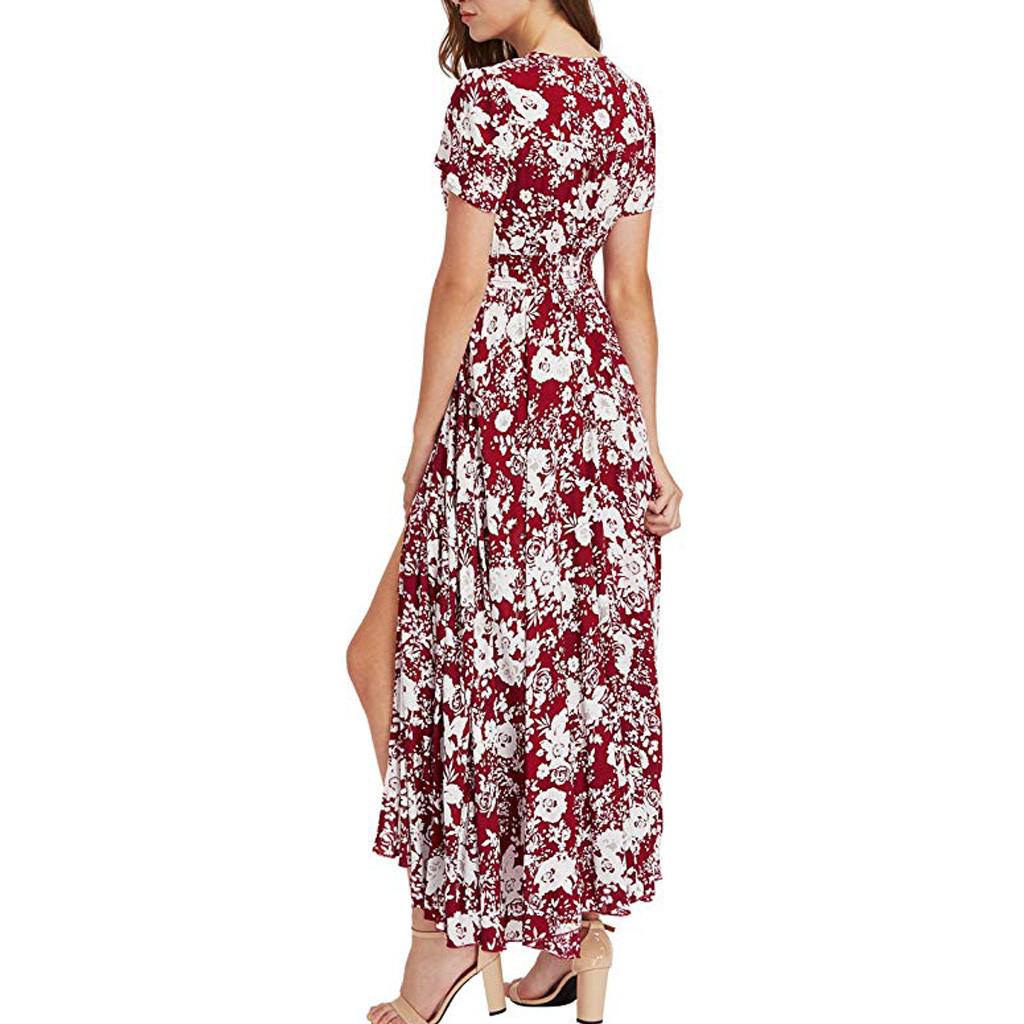 Women's Floral Printed Button Up Short Sleeve Split Flowy Party  Long Dress