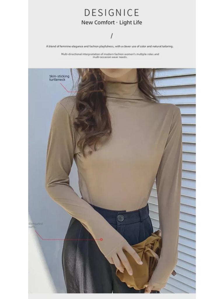 Women's Black Milk Silk Long Sleeve Half Turtleneck T-Shirt with Plus Velvet, All-Season, 2025 New Style