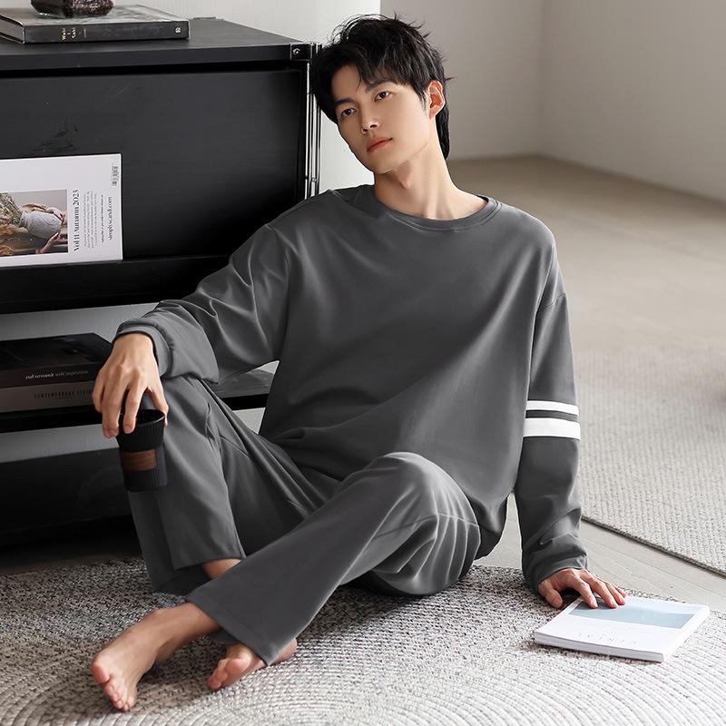 Men's Long Sleeve Loose Pajama Set - Round Neck, Long Pants, Plus Size for Spring & Autumn.