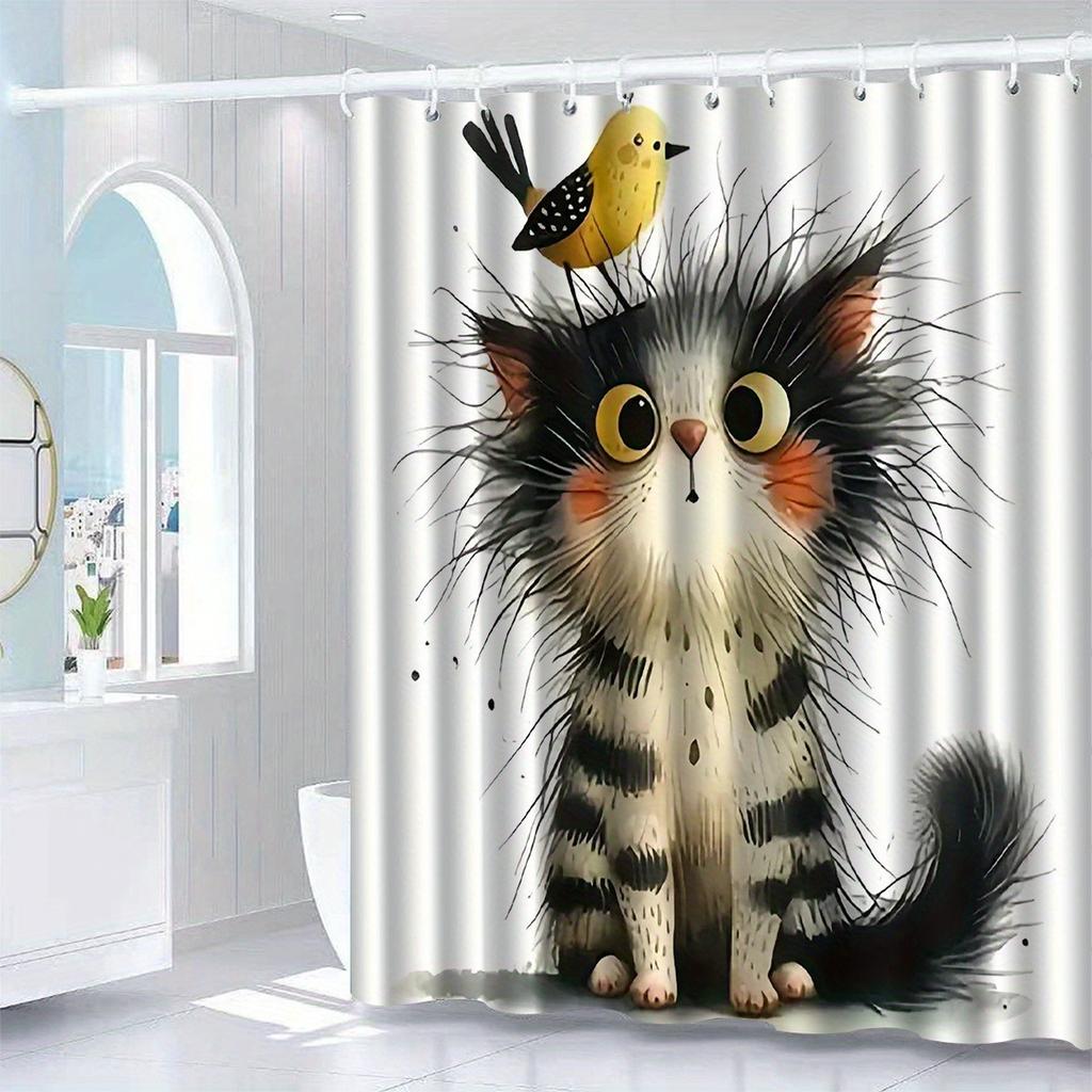 Fluffy Cartoonish Cute Cat Bird Shower Curtain Washable Dirt-Resistant Shower Head Waterproof Polyester Bath Curtain