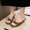 Foreign trade large size French square head cross thin strap high heel cool slippers femininity thin heel open toe Roman sandals outer wear