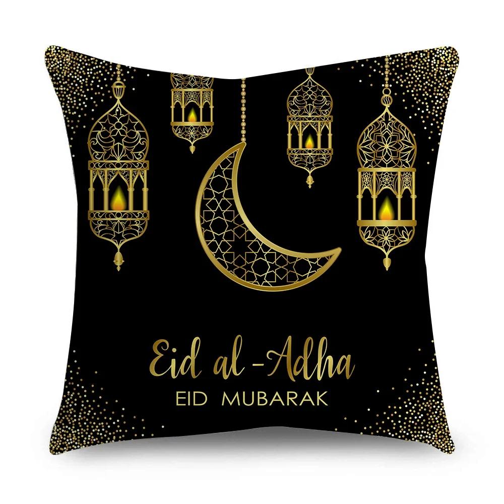 Ramadan Cushion Cover Islamic Eid Mubarak Black Gold Pillow Covers Home Decor Sofa Decorative Short Velvet Pillowcase 45cm*45cm