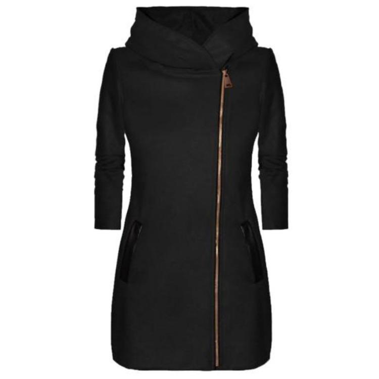 Women Hooded Jacket Coat Fashion Outerwear Solid Color Zip Up Long Sleeve Pocket S чёрный
