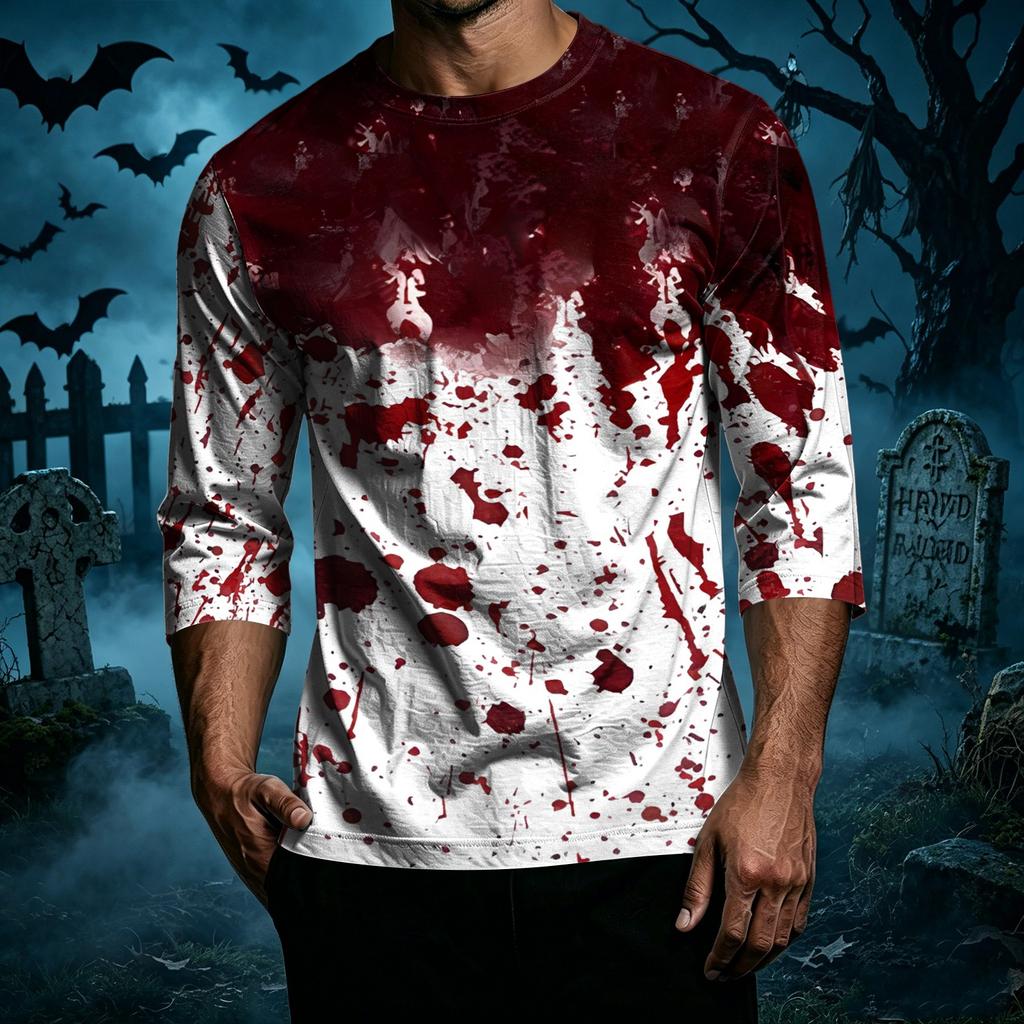 Men's Casual Halloween Print Crew Neck T-Shirt Three Quarter Sleeve Top Lightweight Comfortable Fit