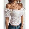 Summer Boat Neck Solid Color Lace Crop Top Women Short Sleeve All-match Sexy Off the Shoulder Hollow Out Tee