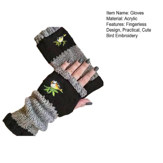 Embroidered Birds Fingerless Gloves Color-Block Knitted Warm Gloves Stretchy Mittens with Thumb