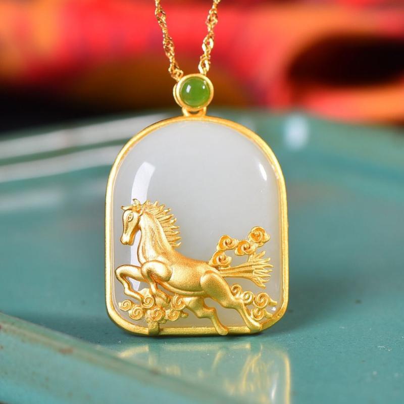 Classic Ancient gold craft inlaid natural Hotan jade steed necklaces zodiac horses square pendant clavicle chain wedding