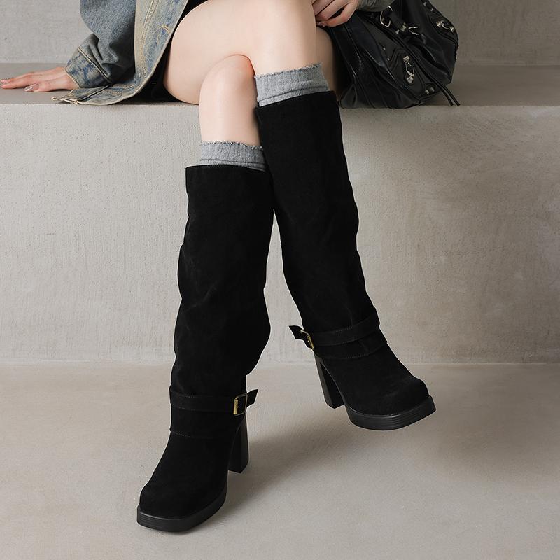 Women's High-heeled Boots Autumn and Winter New Sexy Temperament Thick Heel Square Head Large Size Medium Boots