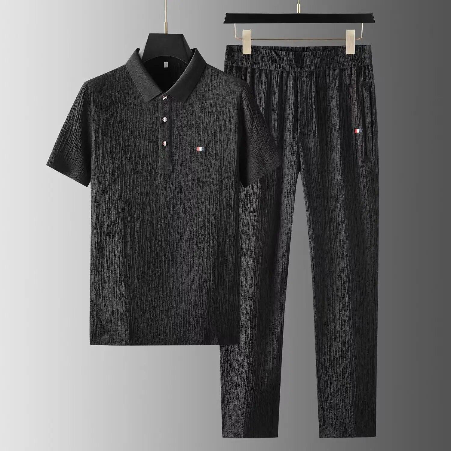 

Summer Men s Classic Fashion Solid Color Short Sleeve Shirts Pants Two-Piece Set 2026 Men s Casual Loose Sports Suit XXXXL чорний