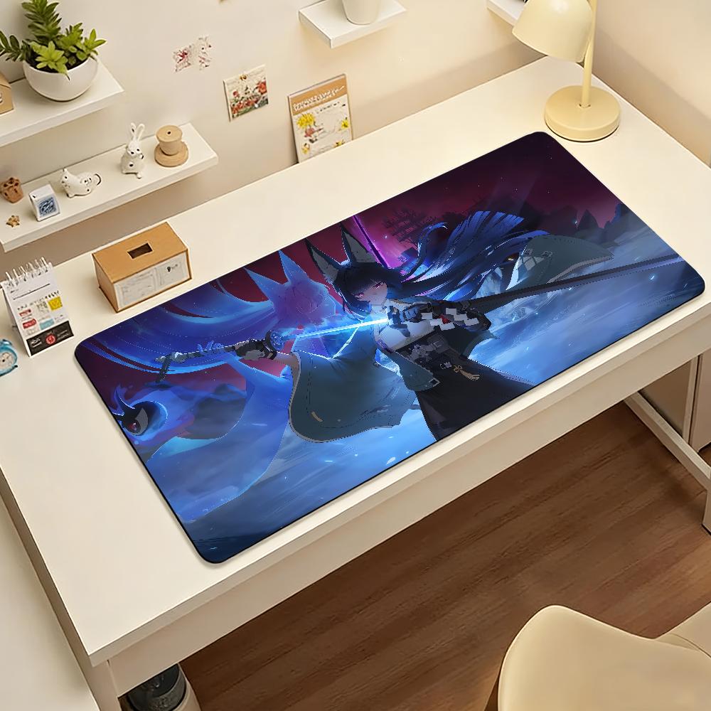 Gaming Mouse Pad Large Desk Mat Antislip Stitched Edges Black Hair Fox Girl Teal  White Design PC Keyboard Pad
