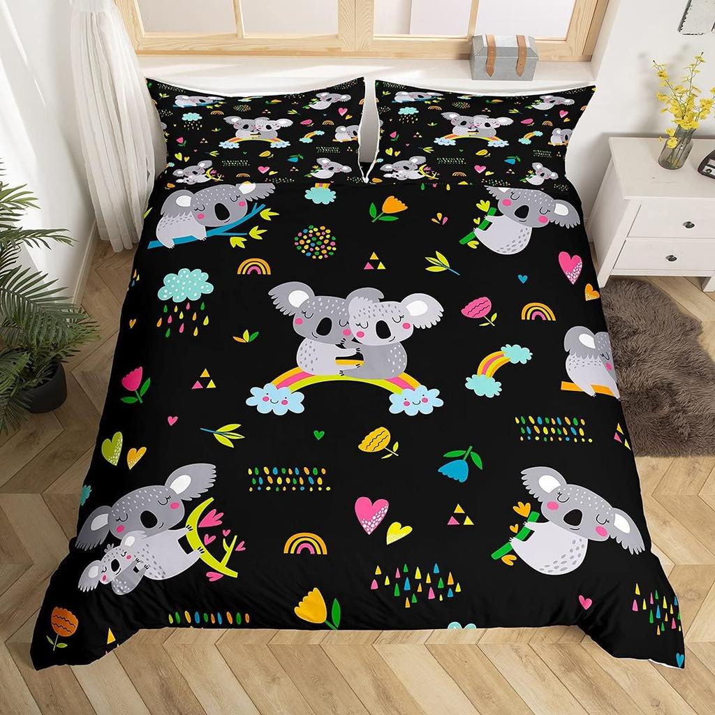 Cartoon Koala Duvet Cover Microfiber Cute Animal Bedding Set Botanical Leaves Comforter Cover For Boys Girls Children Room Decor