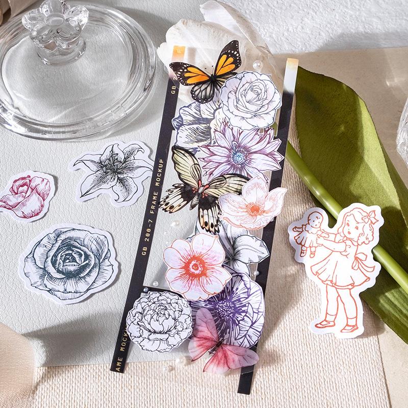 45 st Retro Handmålade Blomsterfigur Bladklistermärken Konstnärlig Akvarellstil Dagbok DIY Dekorationsmaterial