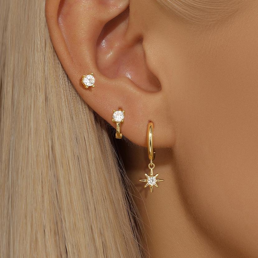 3 Piece Fashion Stainless Steel Round Star Drop Earrings Set for Women 18K Gold Plated Dangle Earring Punk Unisex Rock Zircon