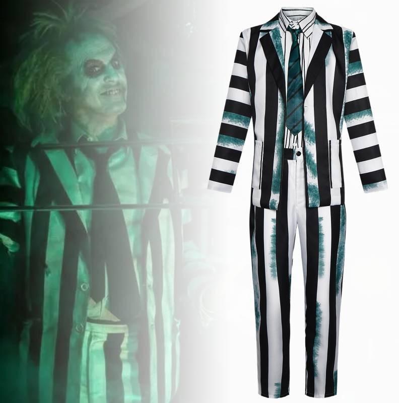 Elegante Costume Cosplay di Beetlejuice con Strisce Verdi Nere Bianche Tessuto Morbido