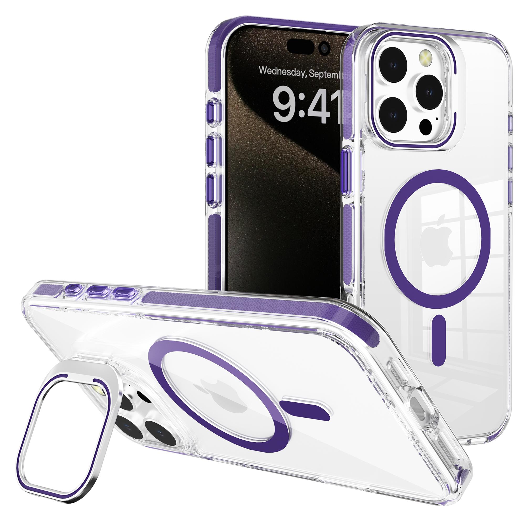 

J2 Series For iPhone 16 Pro Max Magnetic Case Lens Kickstand TPU+PC Transparent Phone Cover Dark Purple