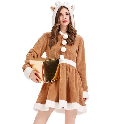 Adult Women Animals Elk Christmas Reindeer Velvet Hooded Dress New Year Halloween Role Play Dress Up Cosplay Costume