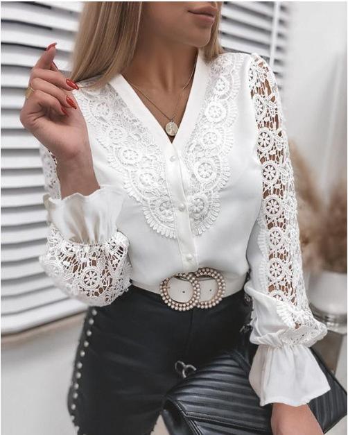 

Shirts Elegant Office Ladies White Collared Lace Patchwork Hollow Out Button Up Womens Tops and Blouses Fashion New Blouse 2XL