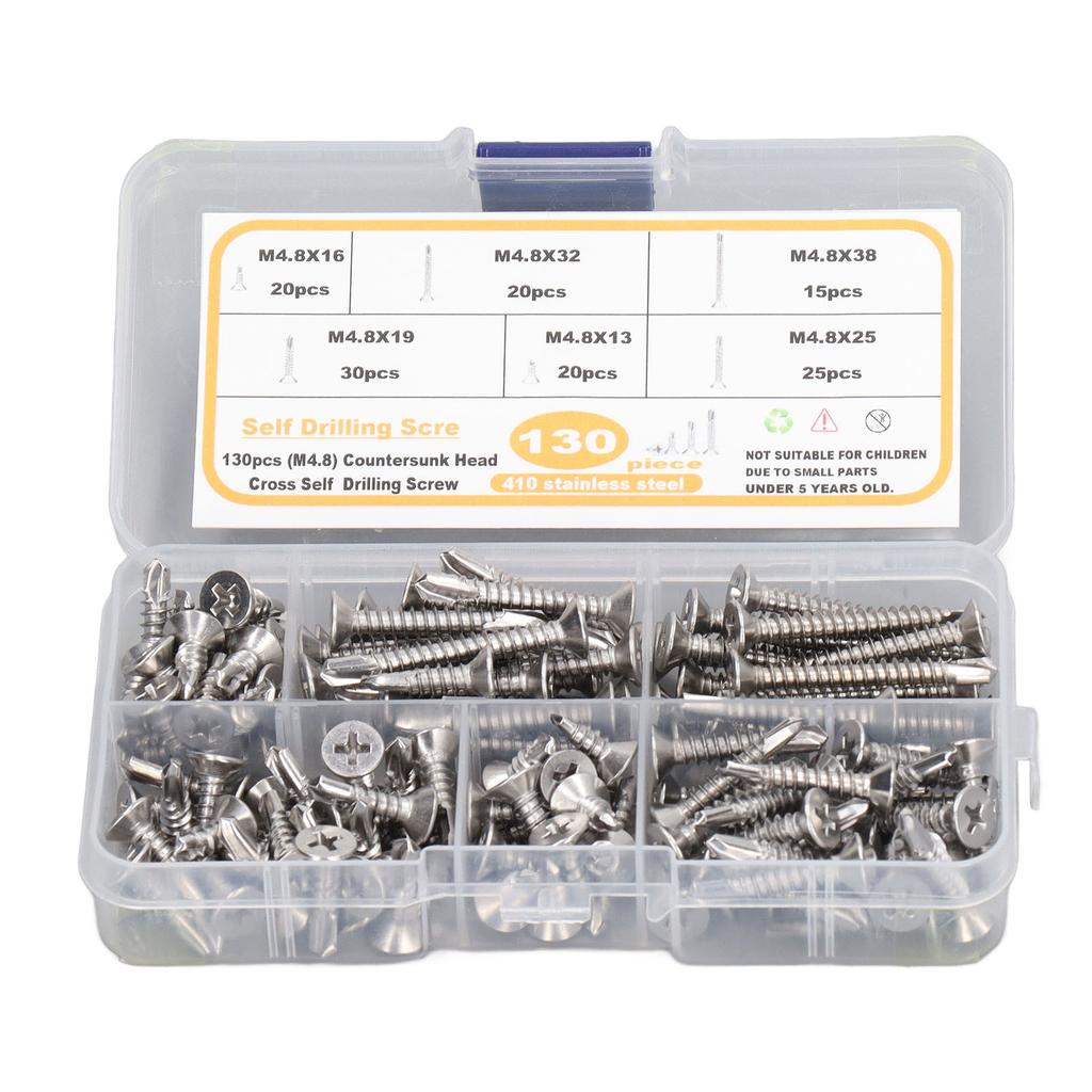 130 SZTUK Śruba Krzyżakowa z Płaskim Łbem Stal Nierdzewna M4.8 Odporne na Rdzę Wkręty Samowiercące do Włókna Szklanego