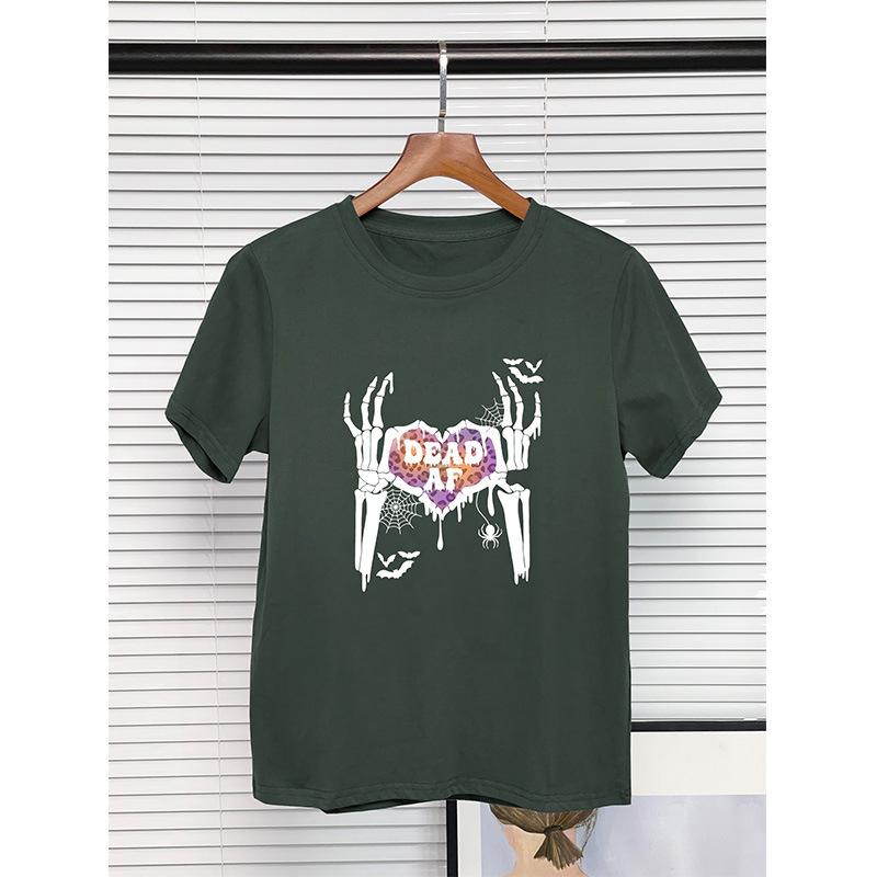 New Women's Round Neck Short Sleeve T-shirt Pure Cotton Halloween Printed Tops for Women