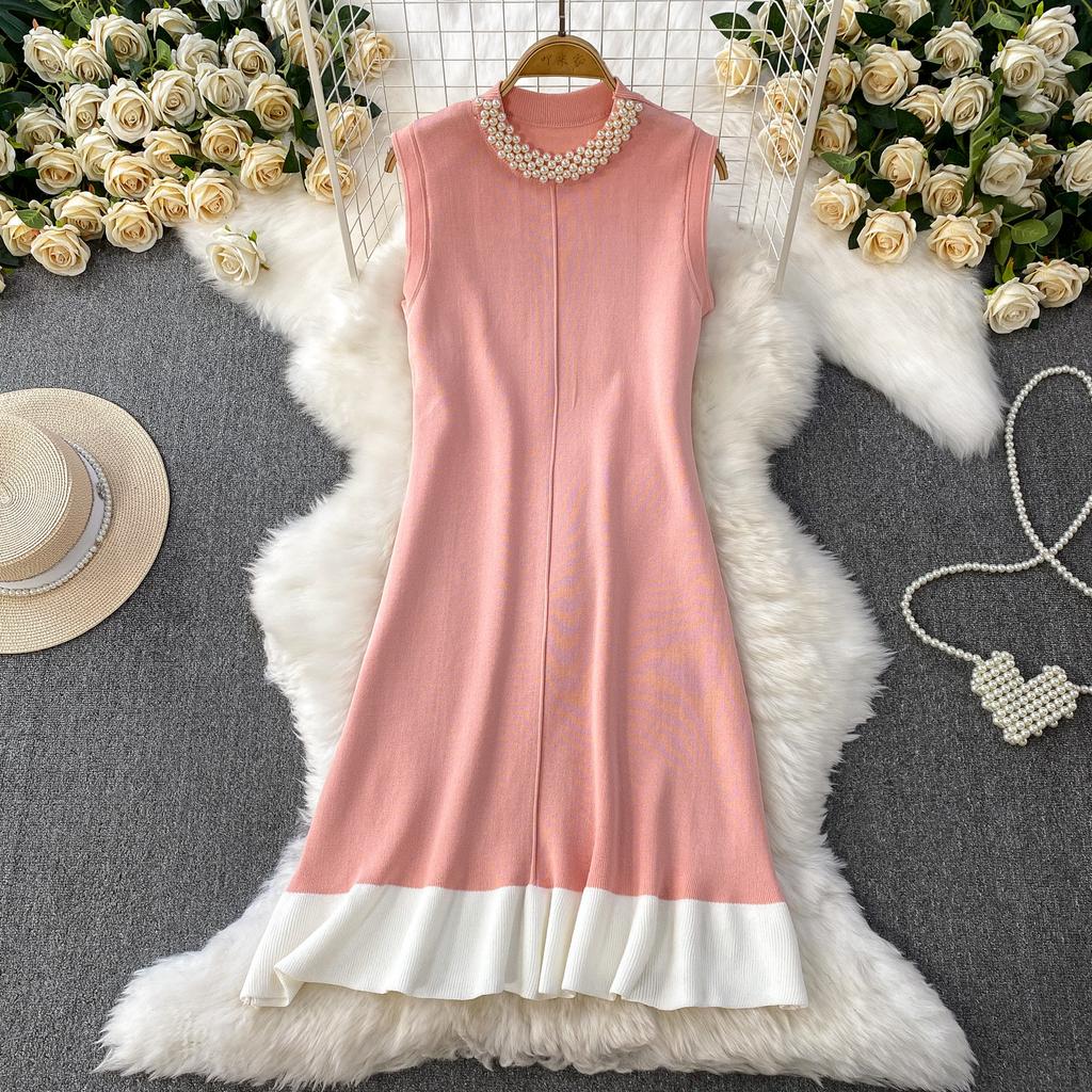 Spring Summer Beaded Knitted Mini Dress for Women Fashion Sleeveless Slimming Ruffle-Trimmed Sweater Dress