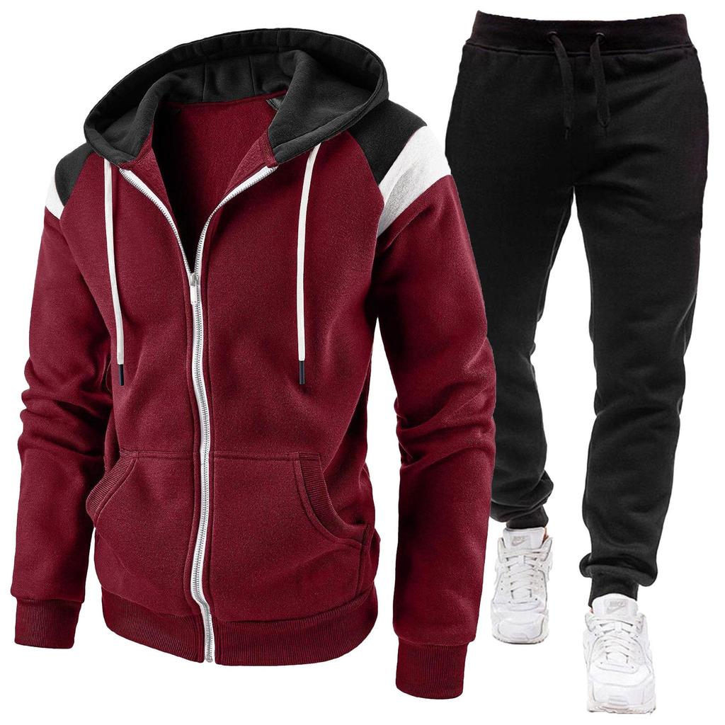 Men's Color Block Fashion Casual Sports Hoodie Sweatshirt Set