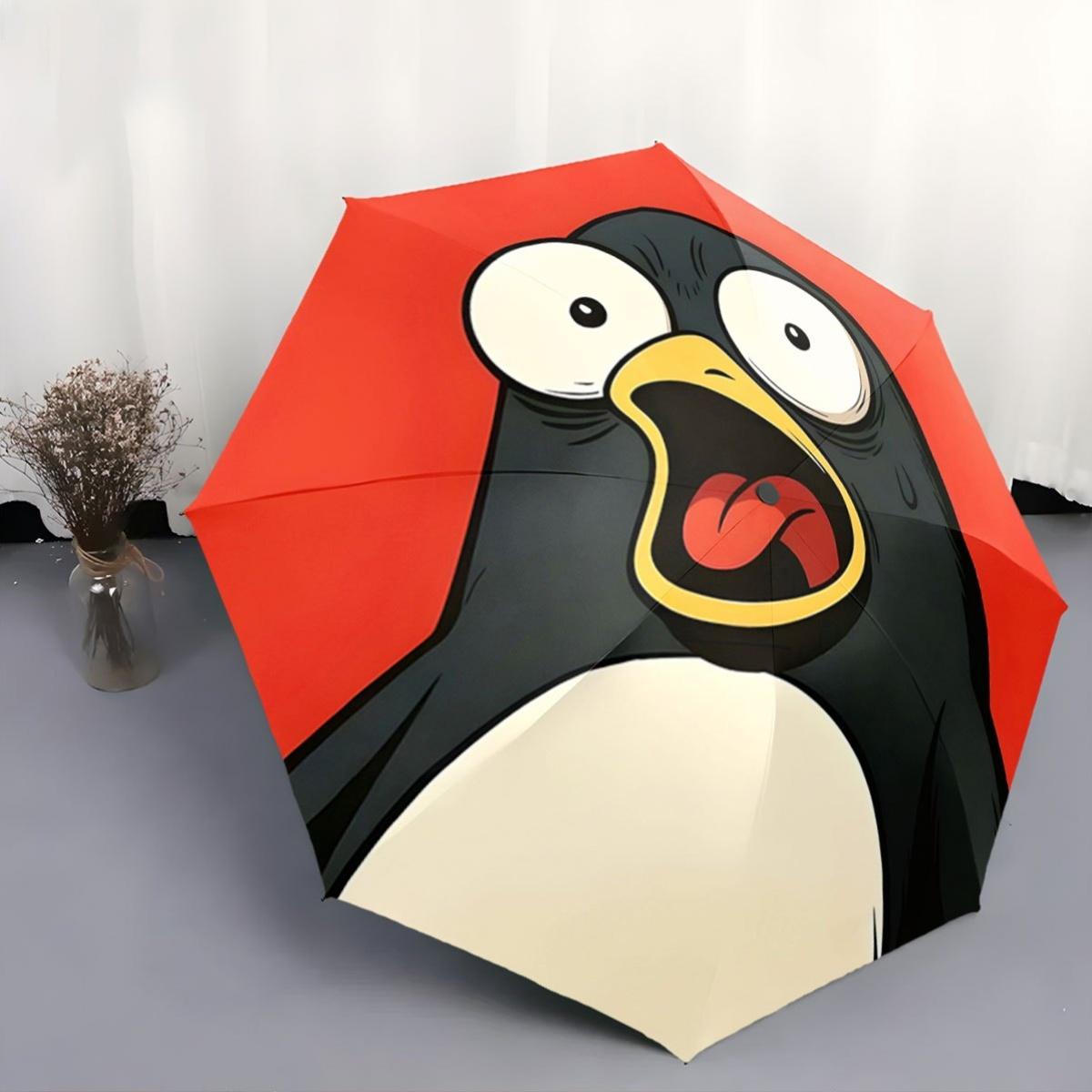 

Funny Penguin Umbrella with Shocked Expression - Automatic Open/Close, Compact Folding Umbrella, Portable Travel Umbrella for (as the picture,iron&8K)