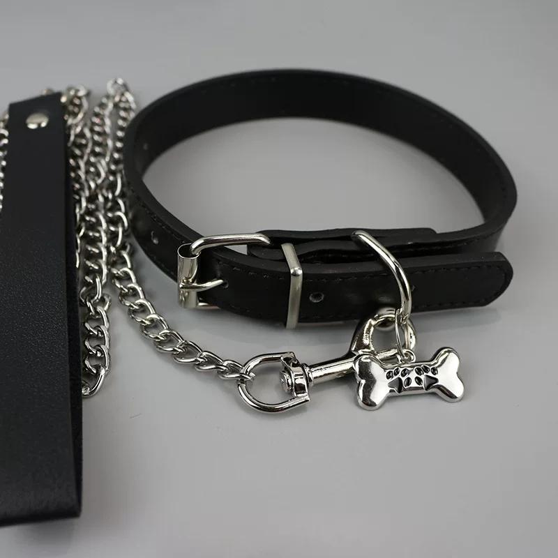 Knochenprint Leder Choker Halsband mit Leine für Männer Frauen Punk Halskette Cosplay