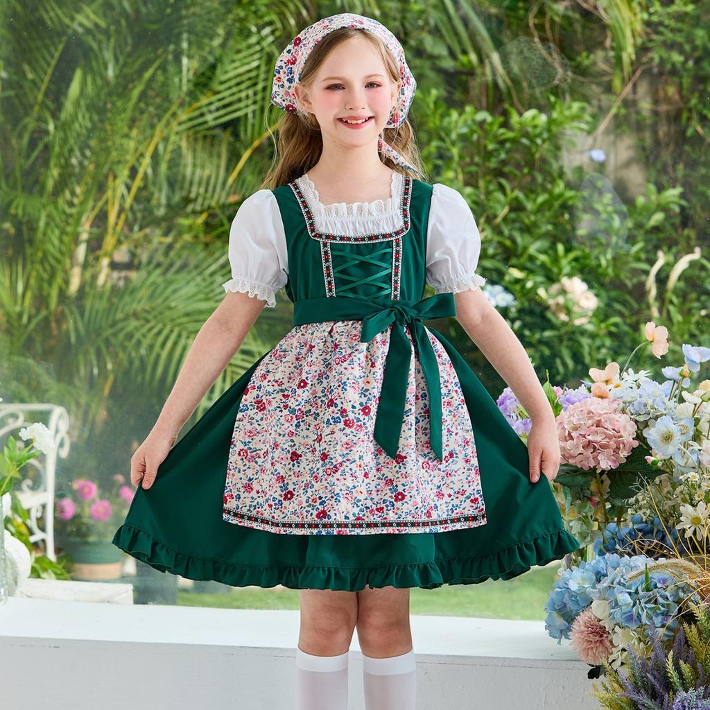Girls Traditional Farm Dress with Apron and Headscarf Bavarian Oktoberfest Costume for Kids Rustic Country Style Outfit