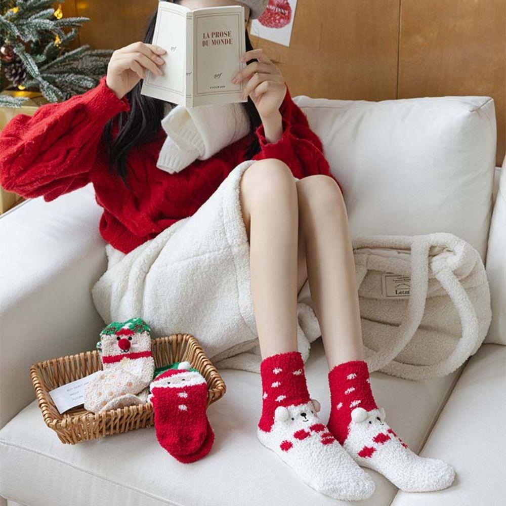 

Elk Christmas Socks Santa Claus Floor Sleep Socks Comfortable Coral Velvet Socks Ladies Style C