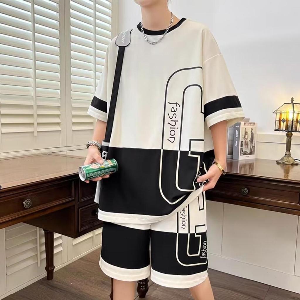 Teen Summer Cool Casual Two-Piece Set: Men’s Trendy Loose Short Sleeve T-Shirt + Shorts