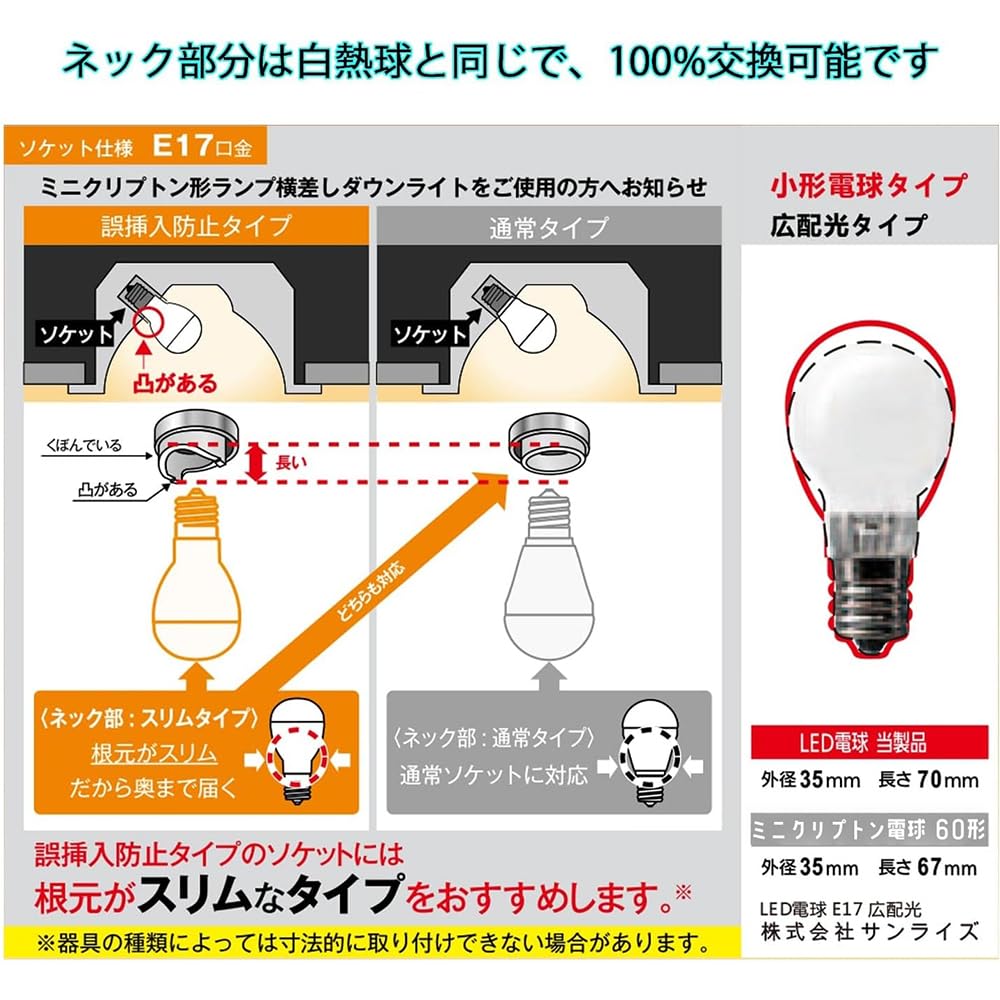 Dimmable Mini Krypton Type LED Bulb, E17 Base, Equivalent To 60W Incandescent Bulb, Warm White (5.0W) [Slim Neck], Wide Beam Angle, Suitable for